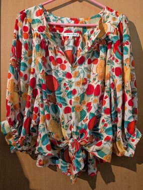 Rose & Olive White Floral Fruit Tie-Front Blouse